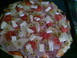 fotka Pizza z domcho tsta se slaninou, unkou, pltkovm srem, rajaty, hermelnem a olivami
